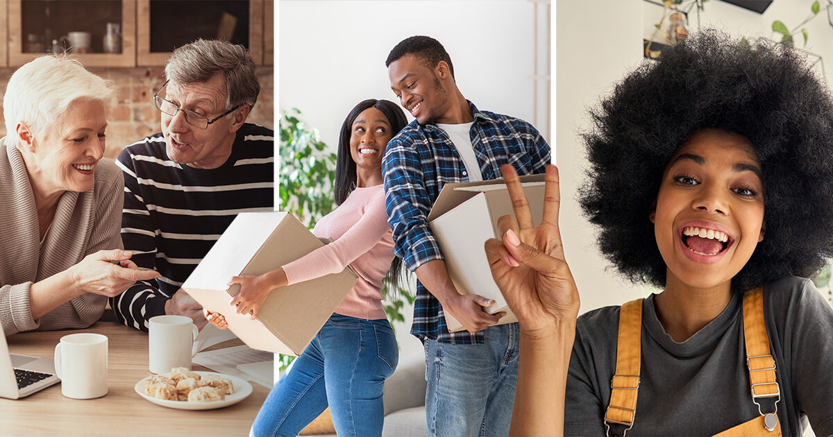 Three generations of multi-family property residents. Baby boomers having coffee, millennials moving in, and a peace sign from generation Z