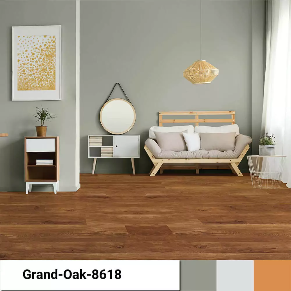Living room painted with the color of the year and luxury vinyl planks