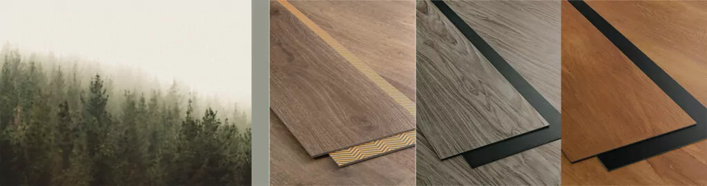 Sample flooring shades paired with Evergreen Fog