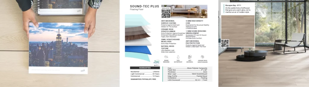 Preview inside the SPC Floating Floor Sample Book showing a room scene and the color 9711 Biscayne Bay.