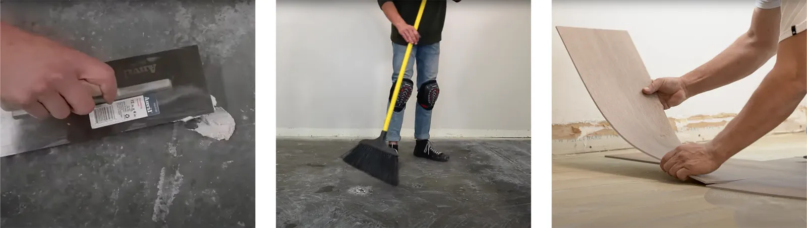 Demonstrations of subfloor cleanup before luxury vinyl plank flooring installation.