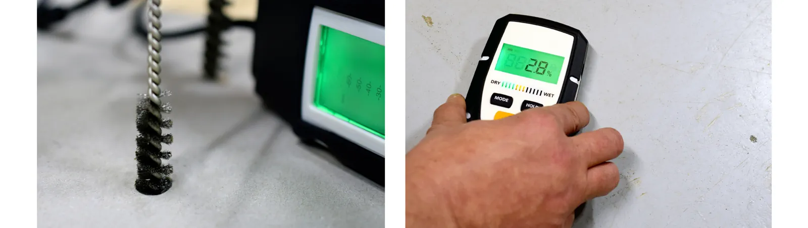 Moisture testing equipment in use on a concrete subfloor to prepare for hard surface flooring installation.