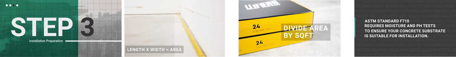 Collage of images demonstrating the preparation required to install InstaGrip LooseLay Vinyl Flooring: measure length and width to calculate area square feet, follow ASTM F710.