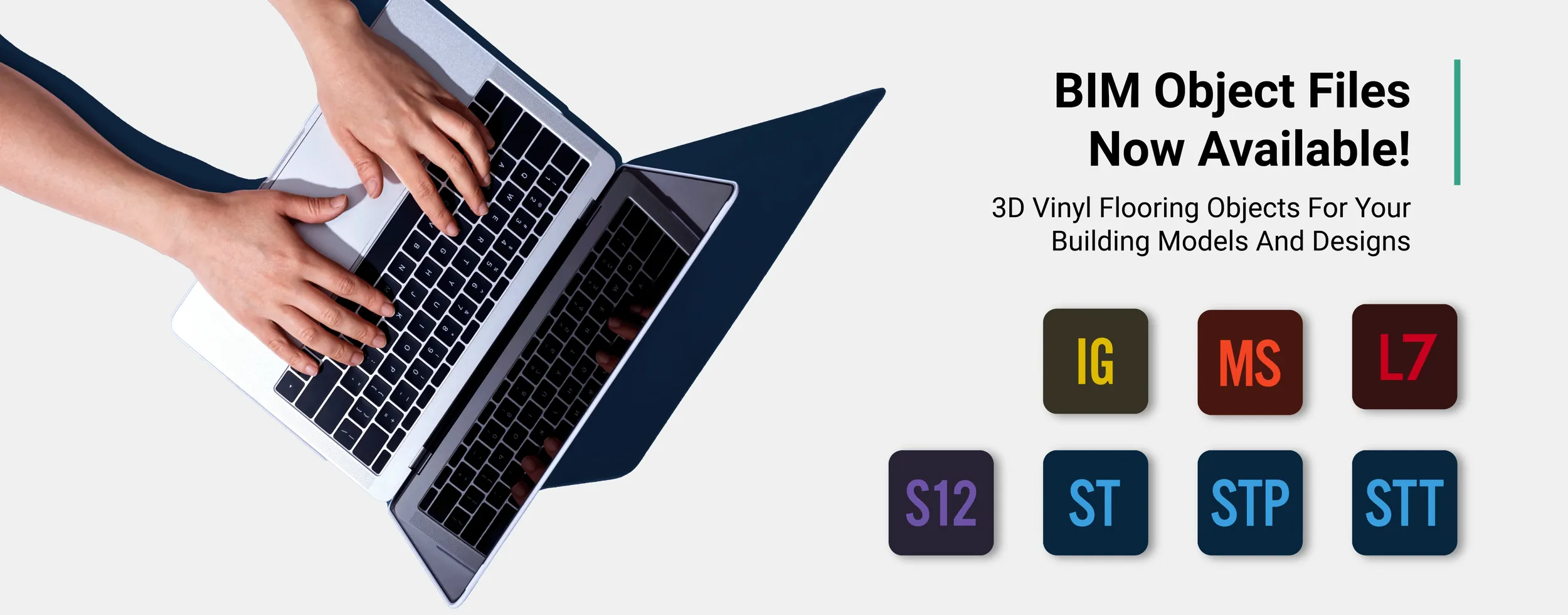 Architect typing on a laptop keyboard. List of vinyl flooring products with BIM files available.