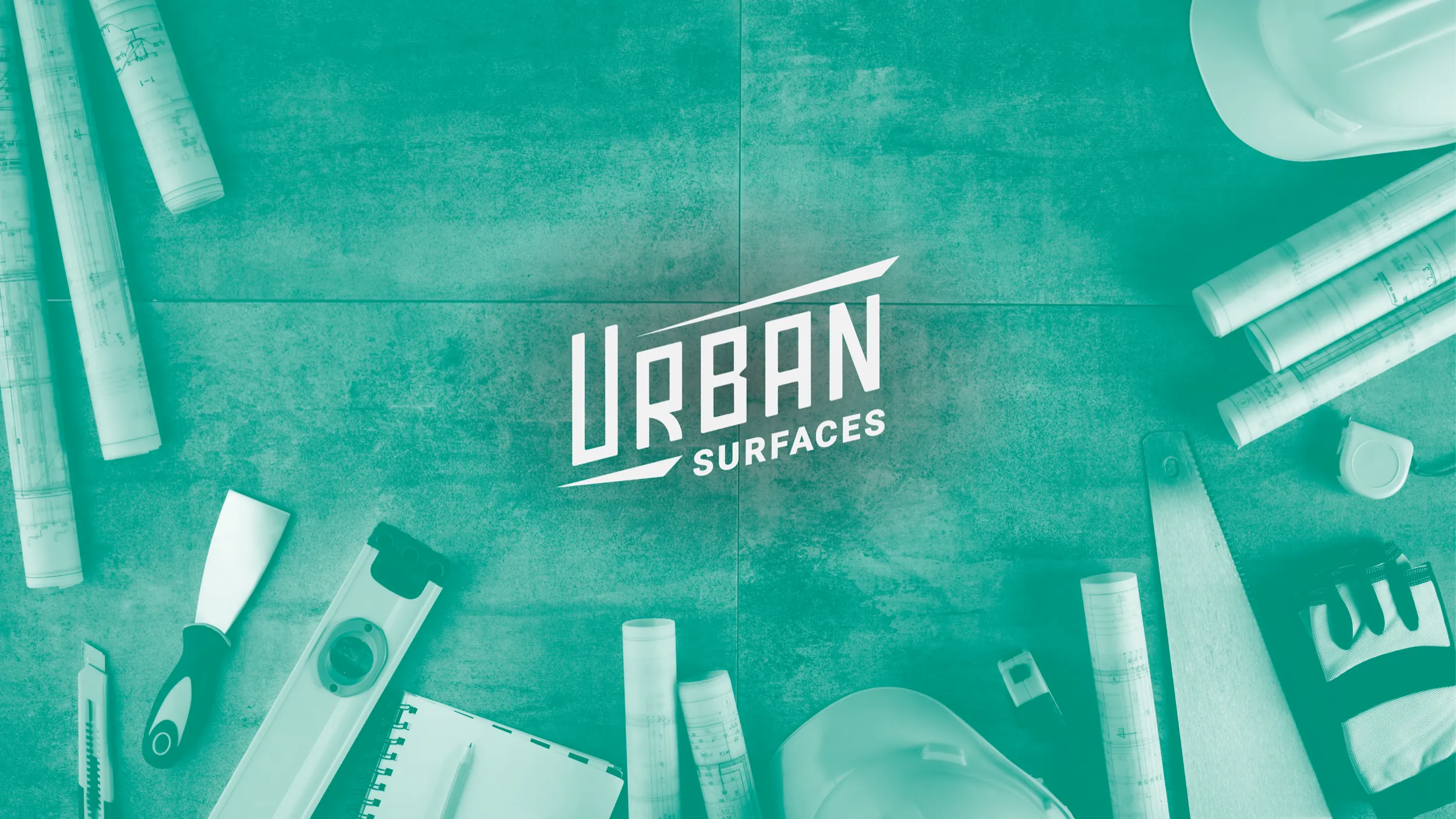 Urban Surfaces logo with tools and engineering plans.