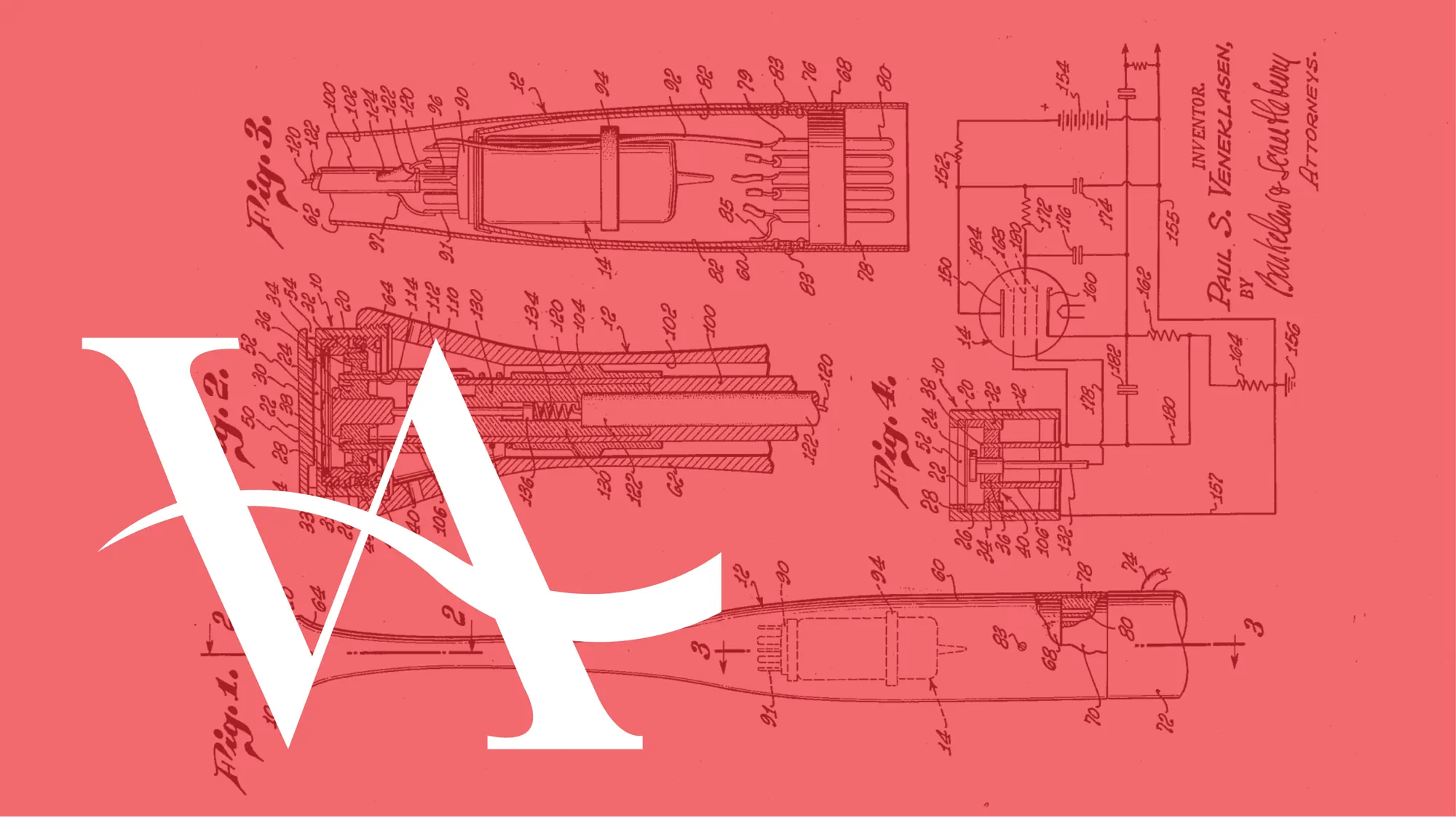 Veneklasen logo and patent diagrams on red background