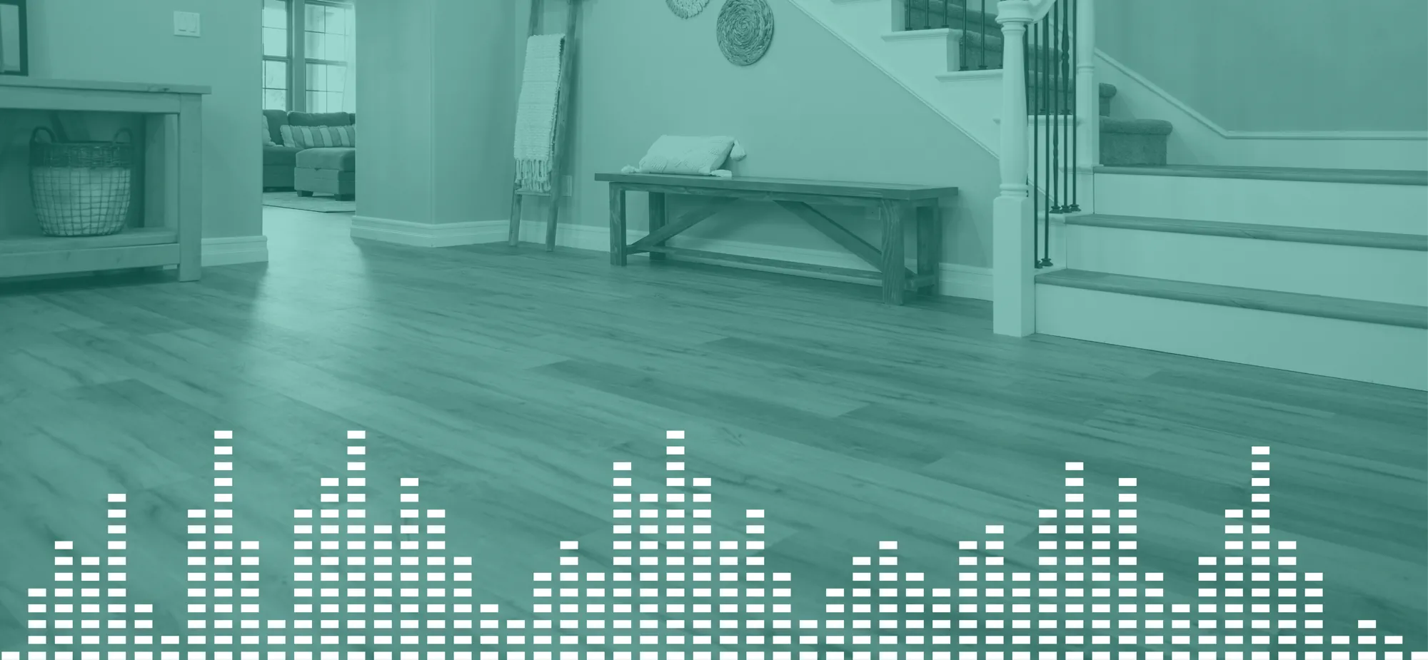 Audio wave measurement diagram over a living room with luxury vinyl flooring installed