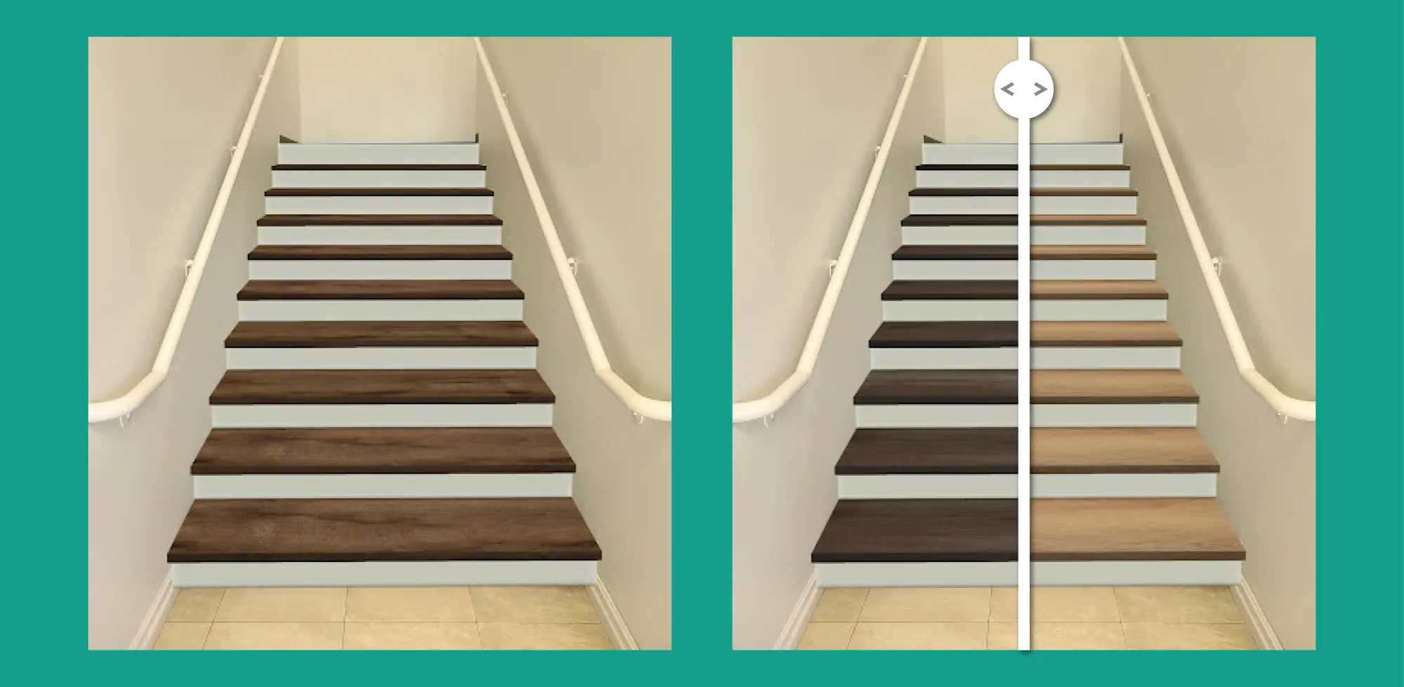 Two photos showing the comparison of different color stair treads in the flooring visualizer.