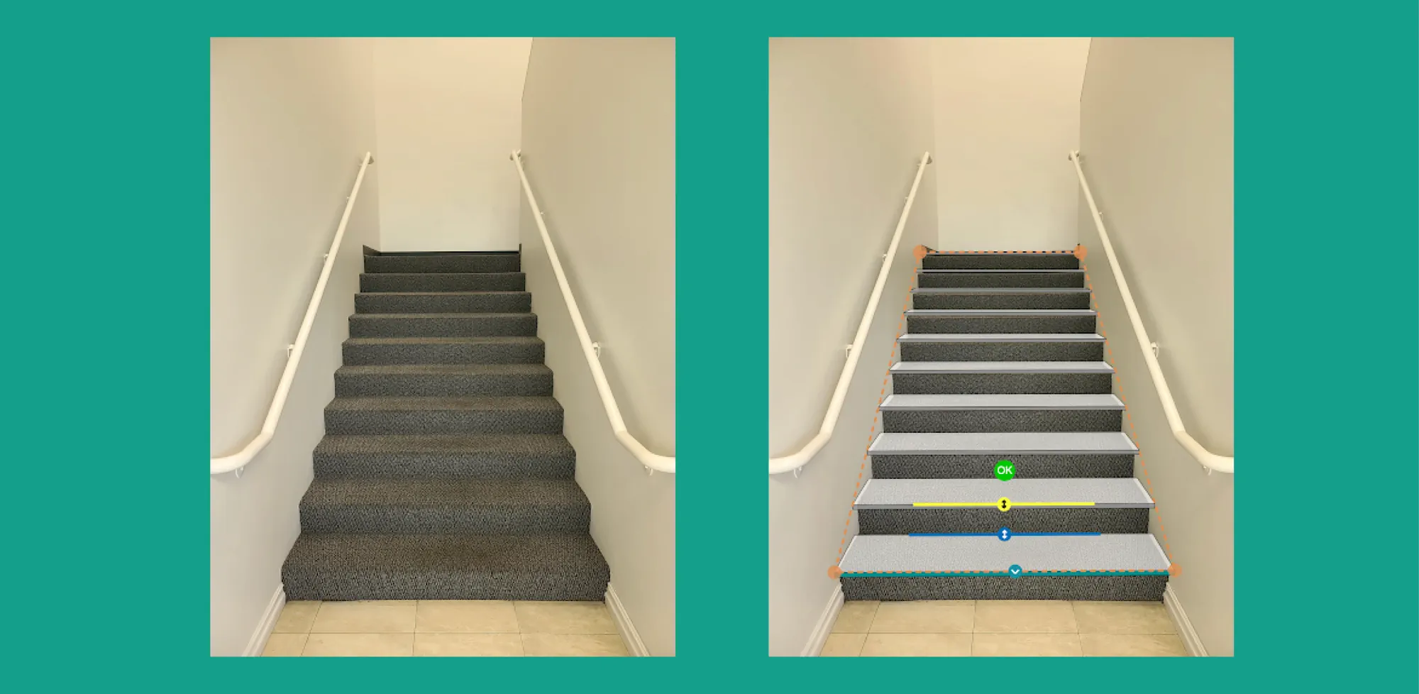 Two diagrams illustrating how to setup for stairs in the flooring visualizer.