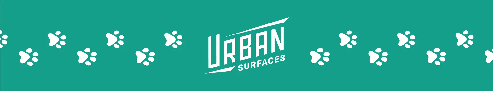 Urban Surfaces logo on a teal background with dog paw prints.