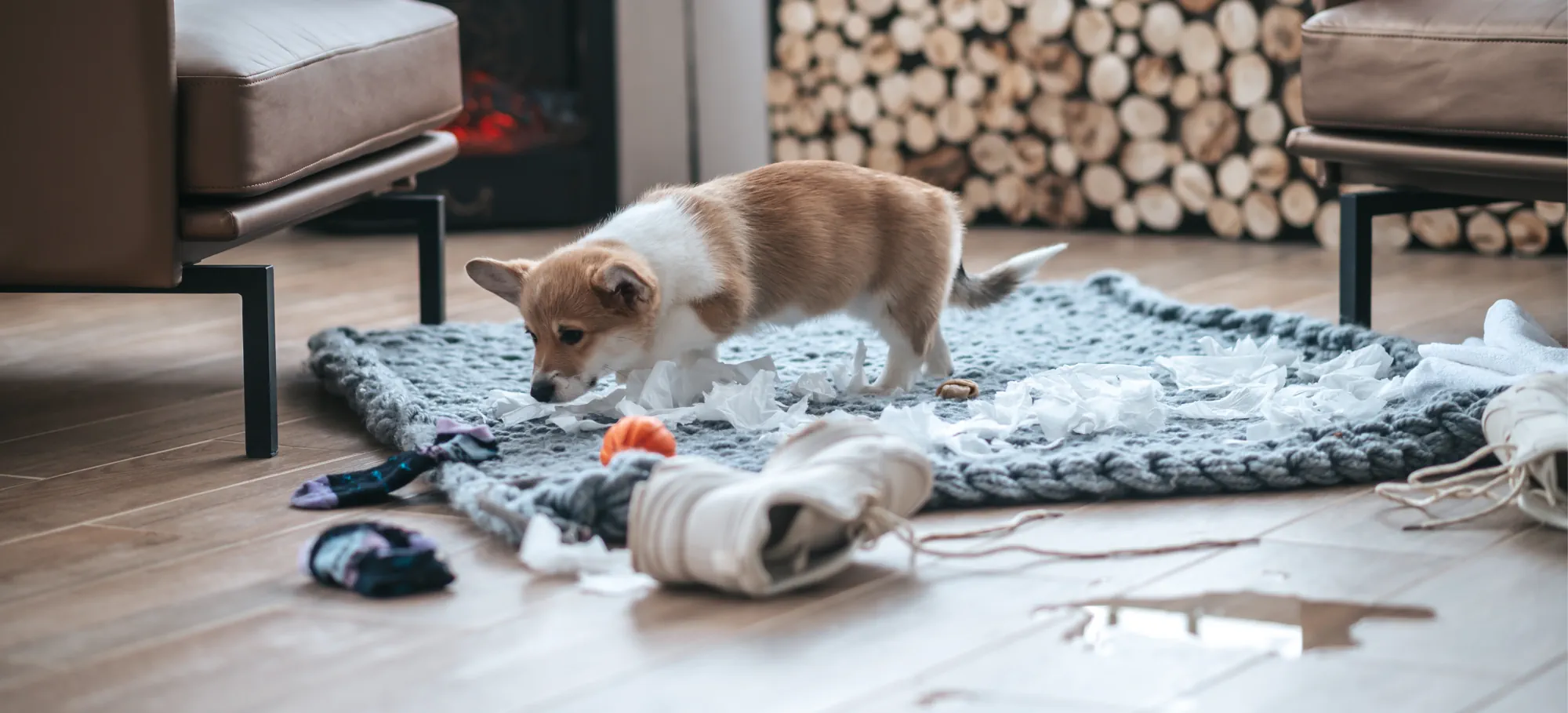 Cute little dog making a big mess on the living room floor.