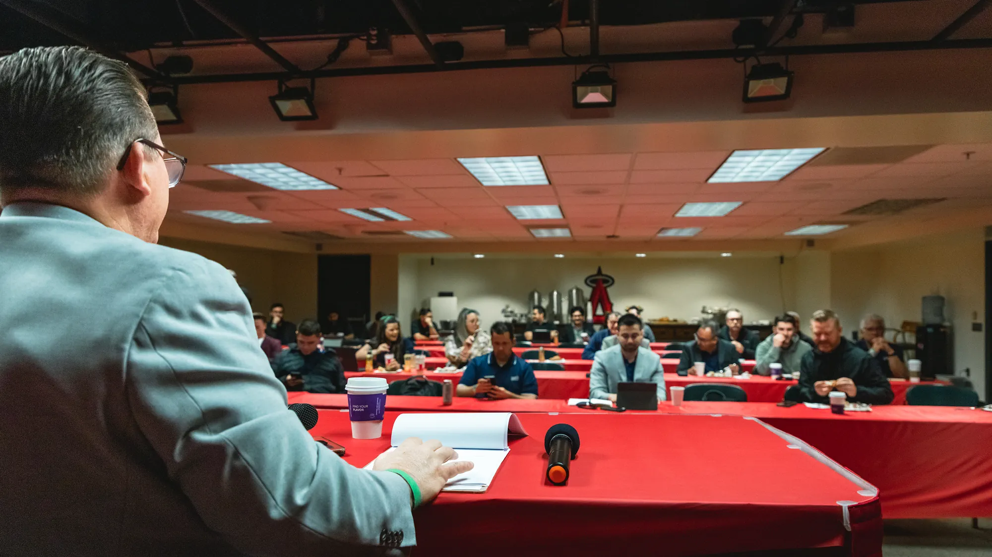 Urban Surfaces' team of sales professionals in the press room of Angel's Stadium in Anaheim, CA.