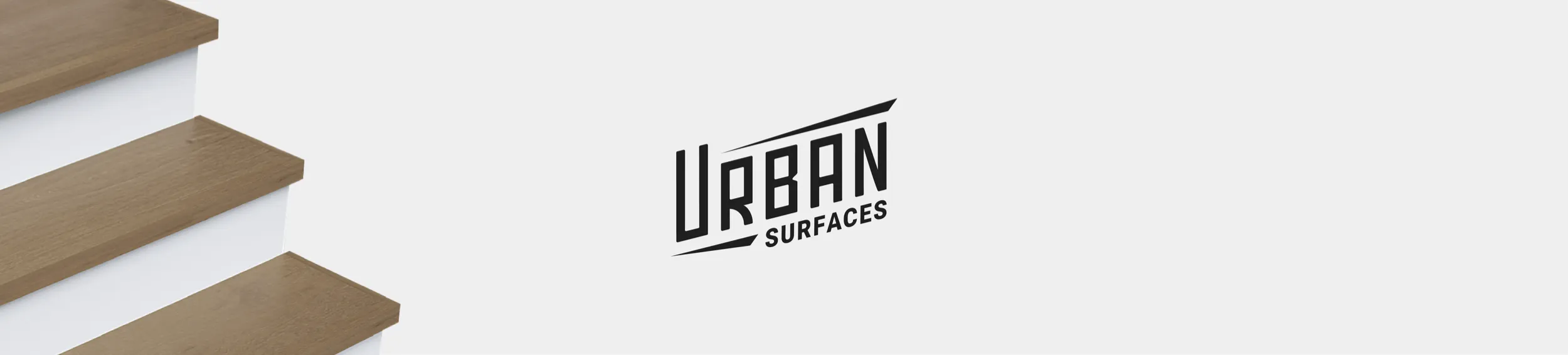 An Urban Surfaces banner with logo in the middle on a white background and installed stair treads and risers on the left.