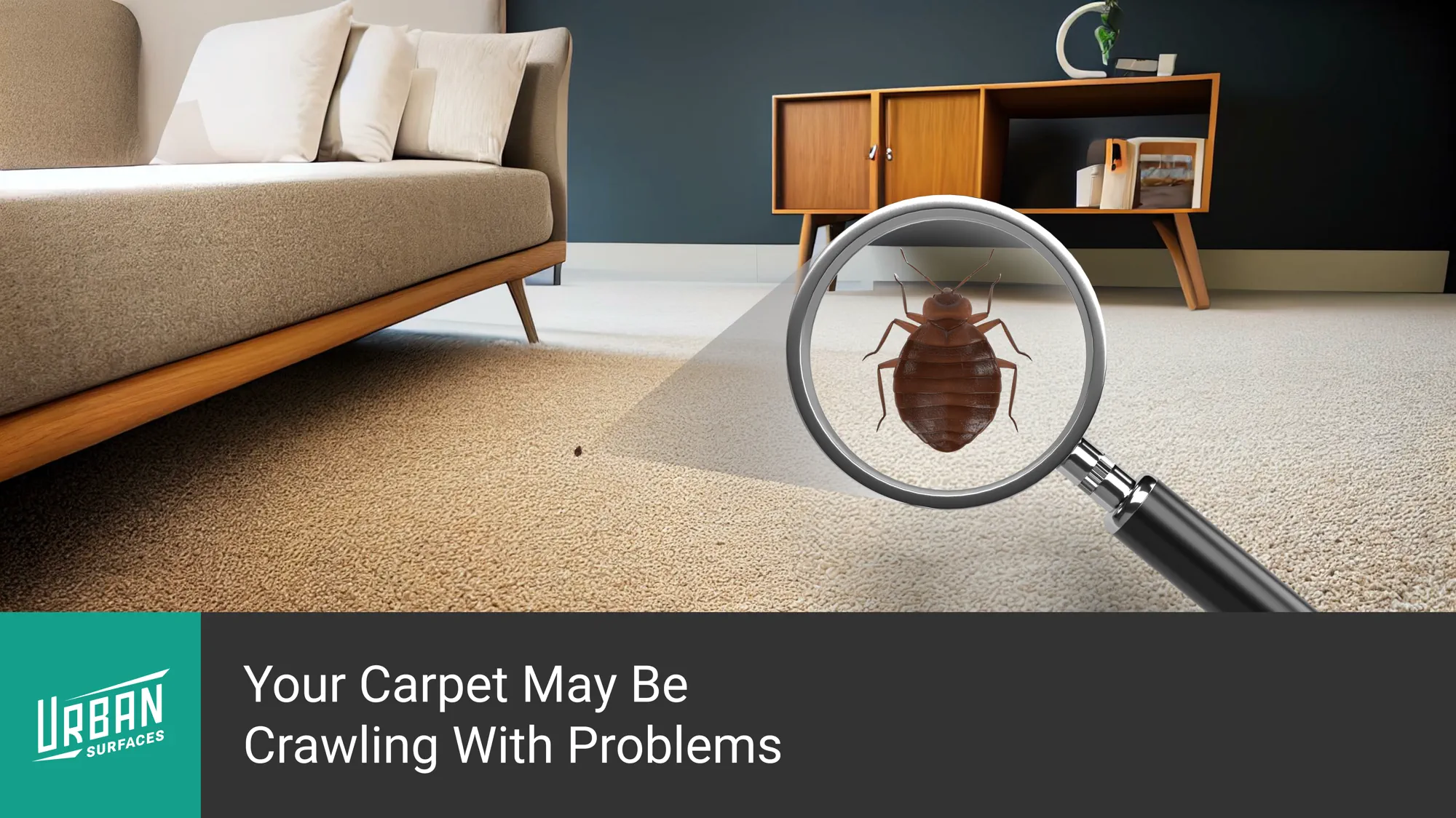 Magnified image of a bug living in carpets. Title: Your Carpet May Be Crawling With Problems.