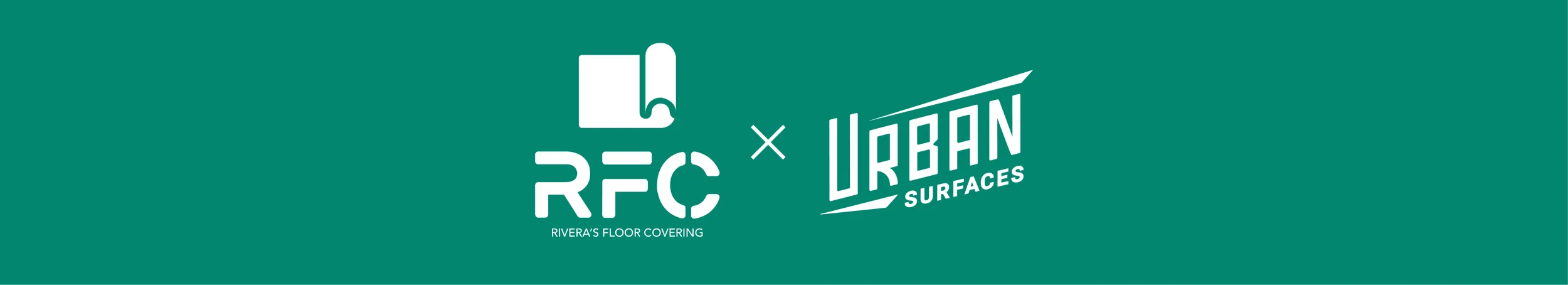 Collaboration logos for Rivera's Floor Covering and Urban Surfaces on a teal background.