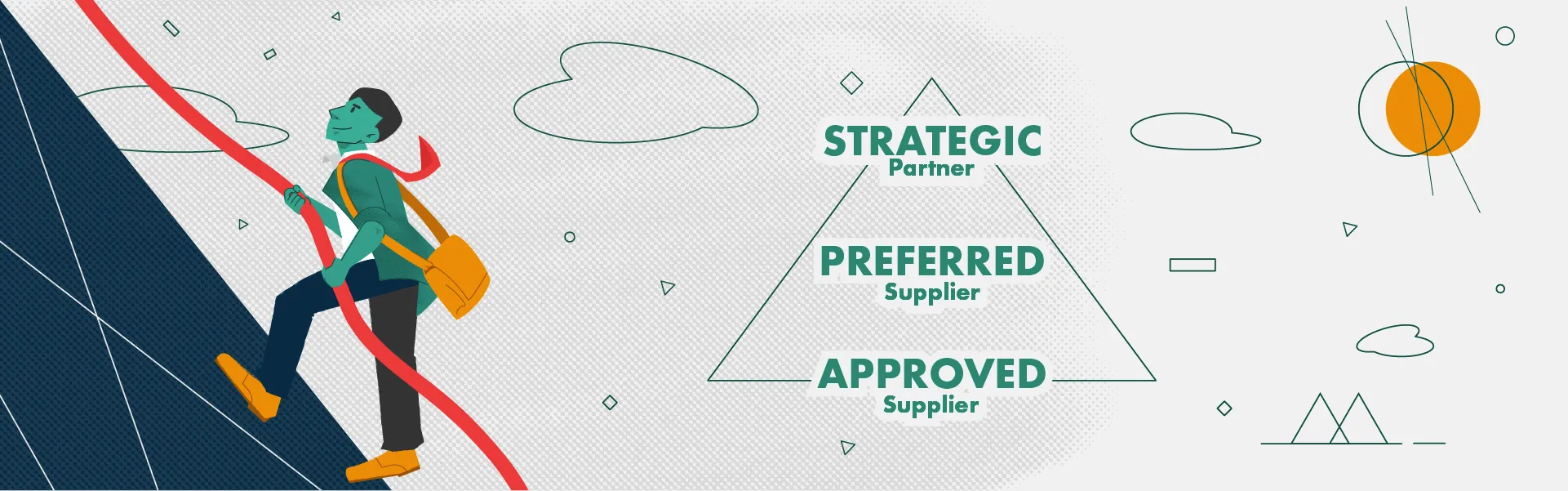 Business person climbing a mountain of partnership. Moving from Approved Supplier, to Preferred Supplier, to finally become a Strategic Partner.