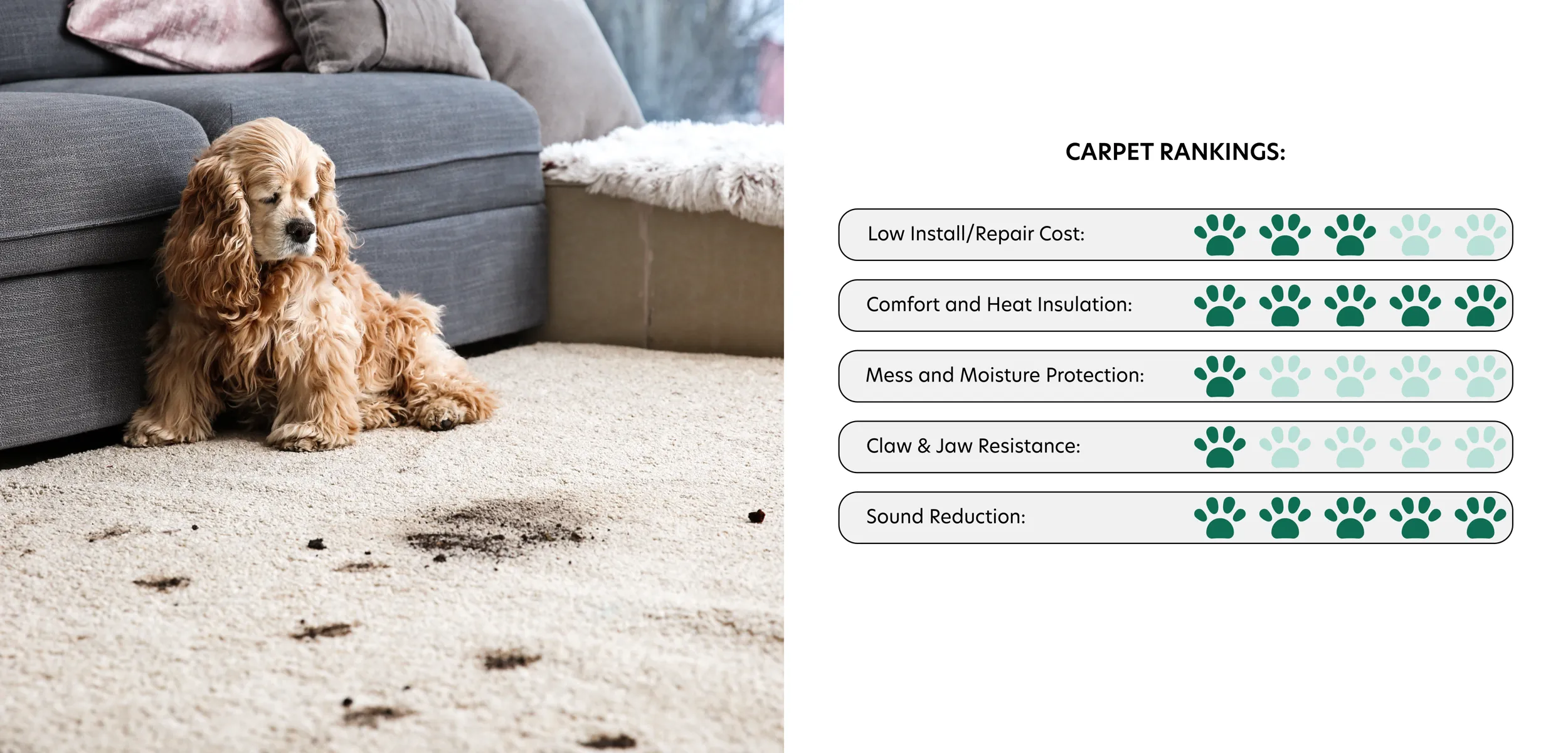 Sad dog sitting on dirty carpet next to a couch. Carpet rankings in best flooring for pets. Low Install/Repair Cost: 3 Paws. Comfort and Heat Insulation: 5 Paws. Mess and Moisture Protection: 1 Paws. Claw & Jaw Resistance: 1 Paws. Sound Reduction: 5 Paws.