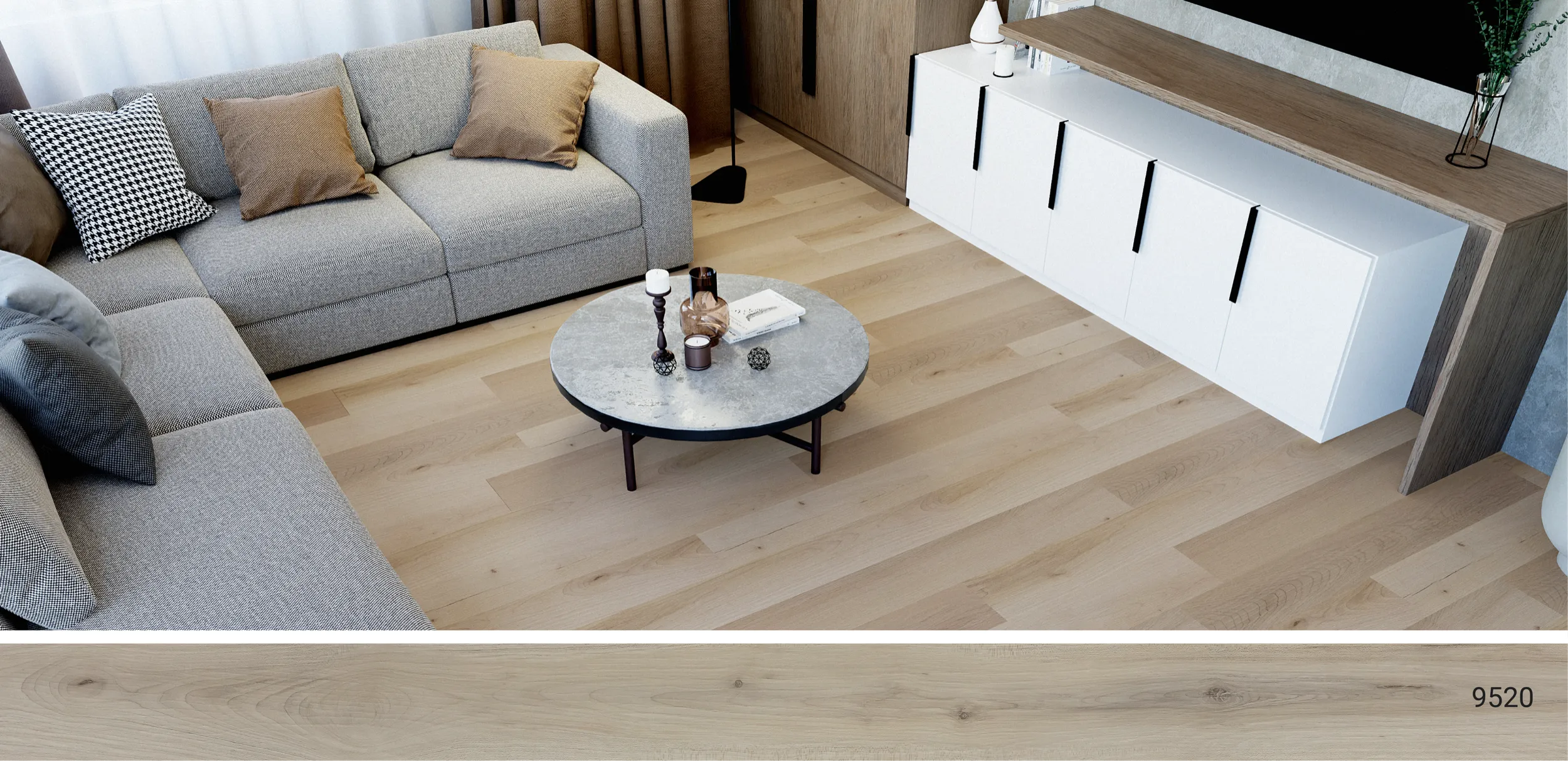 Living room with luxury vinyl flooring installed. SKU 9520 Caspian Heights by Urban Surfaces.