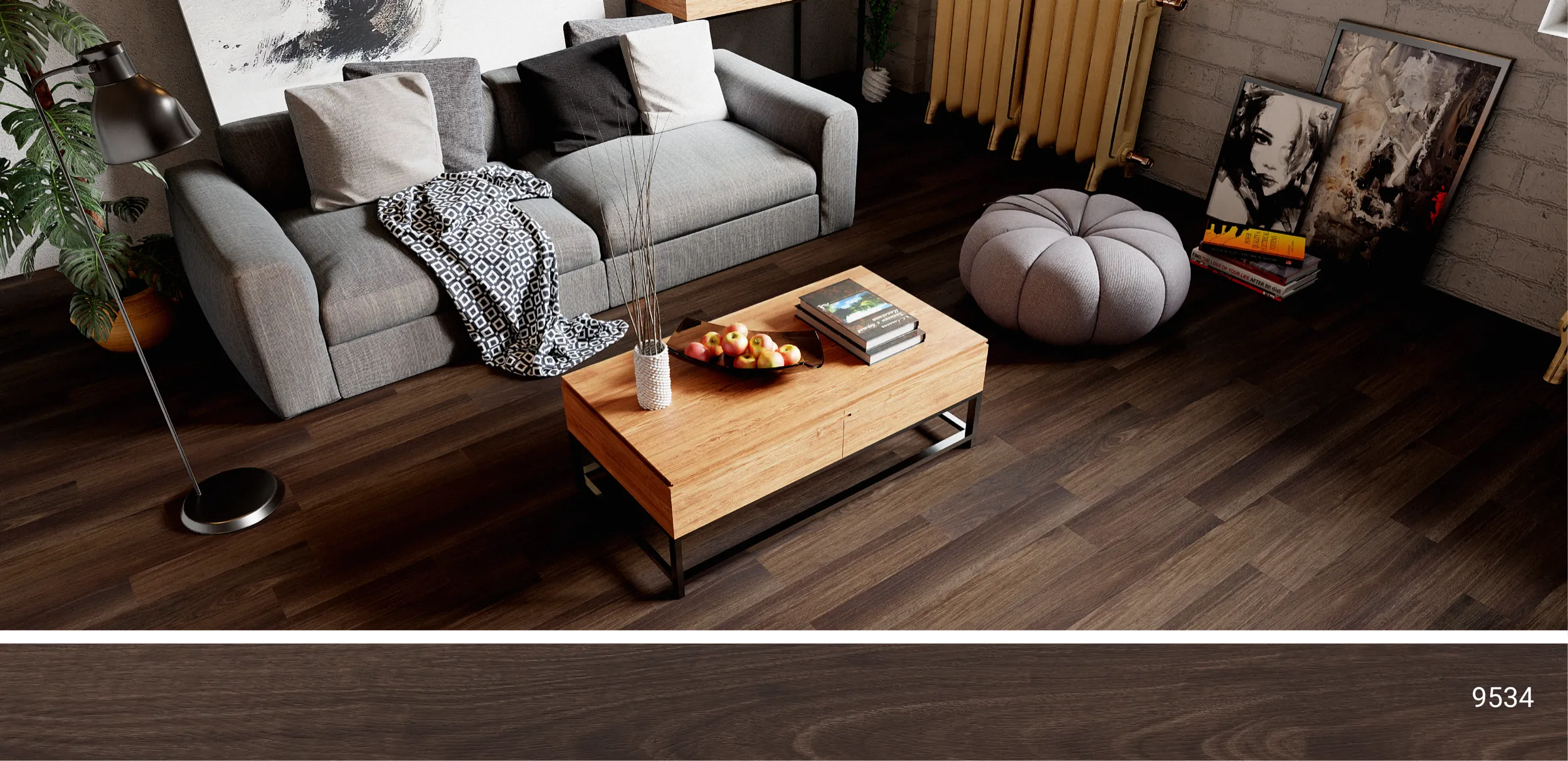 Living room with luxury vinyl flooring installed. SKU 9534 Fairbanks by Urban Surfaces.