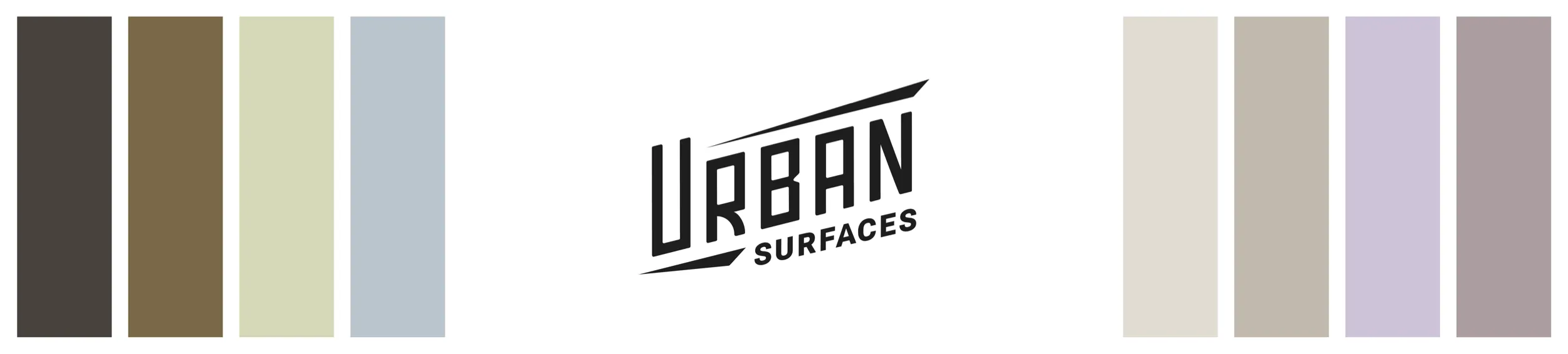 Urban Surfaces logo on white background with color samples from Sherwin Williams 2024 Anthology: Volume One color trends report.
