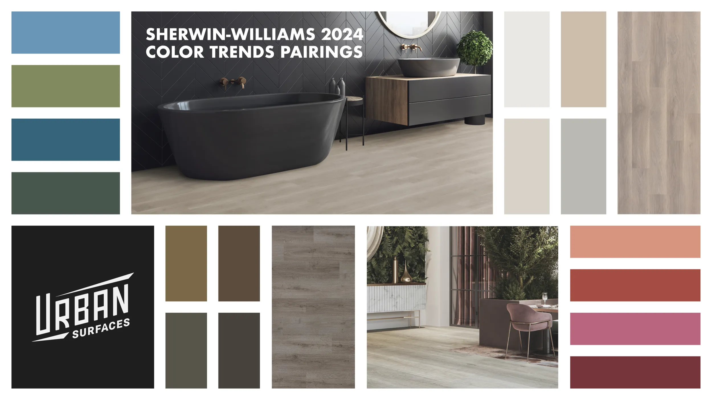 Collage of room scenes and color samples from Sherwin Williams 2024 Anthology: Volume One color trends report.