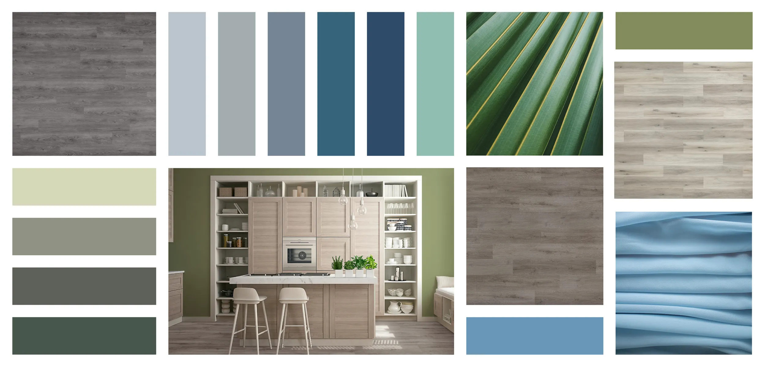 Collage of room scenes and color samples from Sherwin Williams 2024 Anthology: Volume One, Blues and Greens color trends.