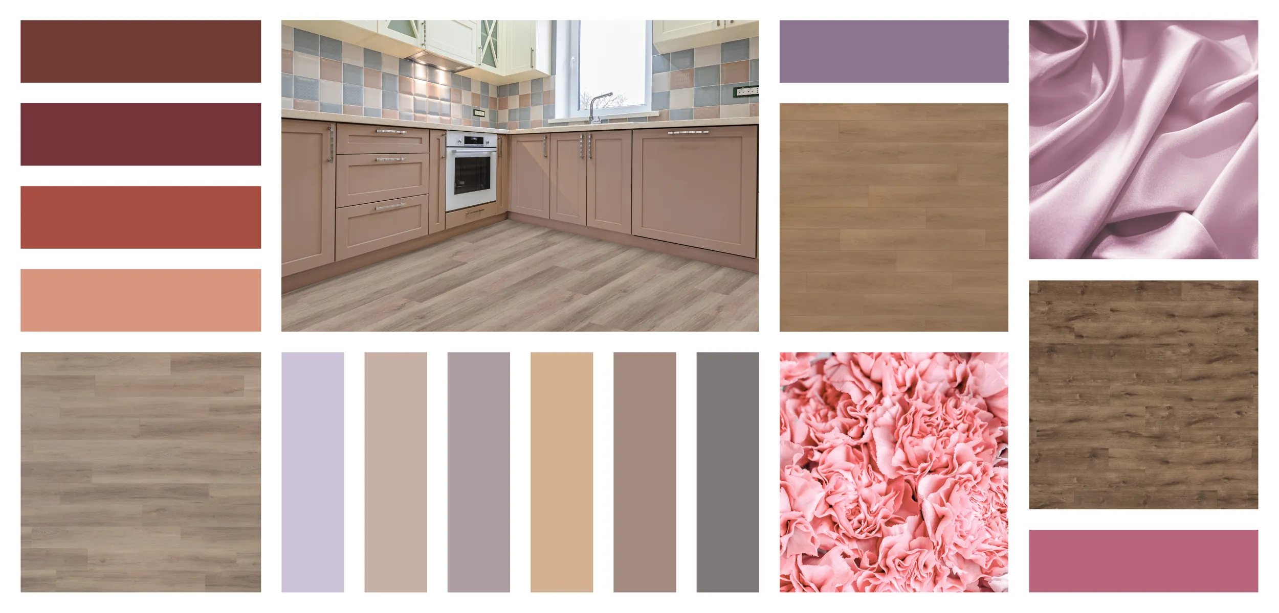 Collage of room scenes and color samples from Sherwin Williams 2024 Anthology: Volume One, Reds and Purples color trends.