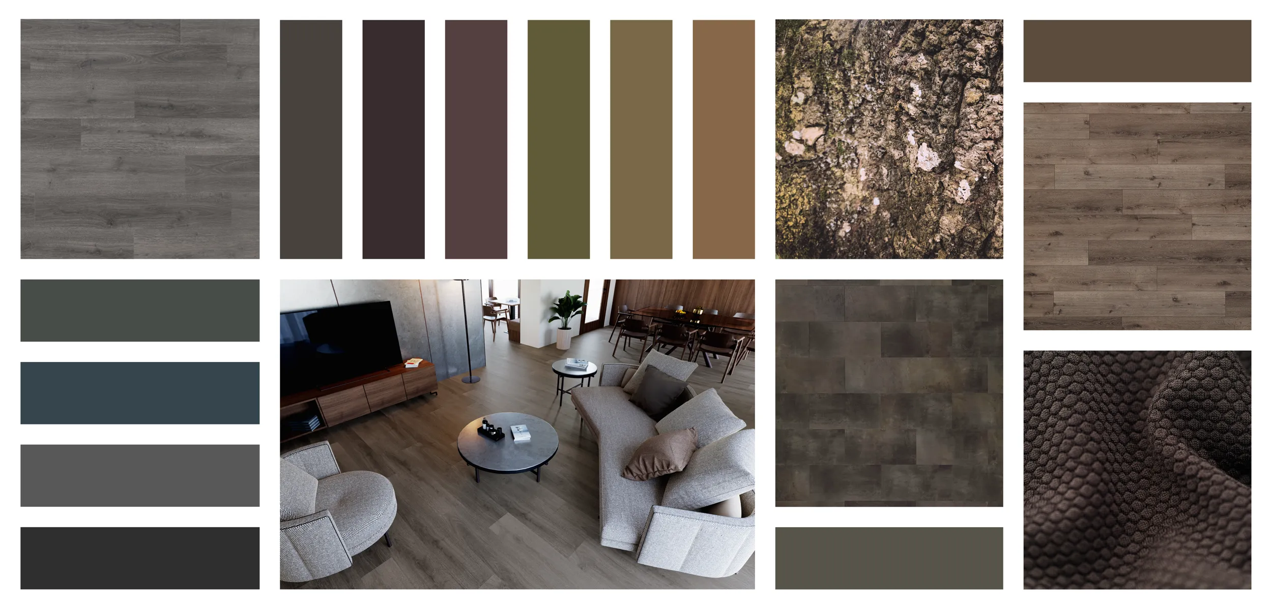 Collage of room scenes and color samples from Sherwin Williams 2024 Anthology: Volume One, Deeps and Darks color trends.