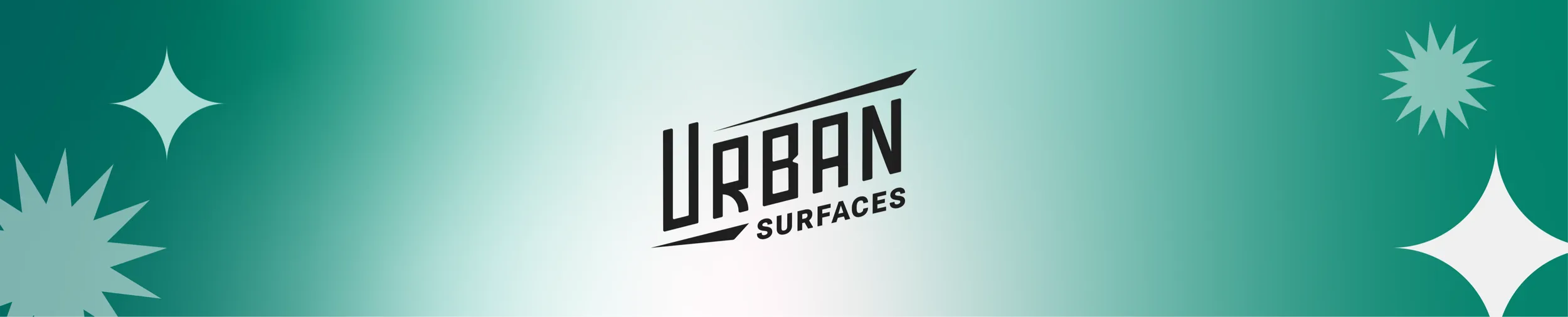 Urban Surfaces logo on teal background with artistic stars.