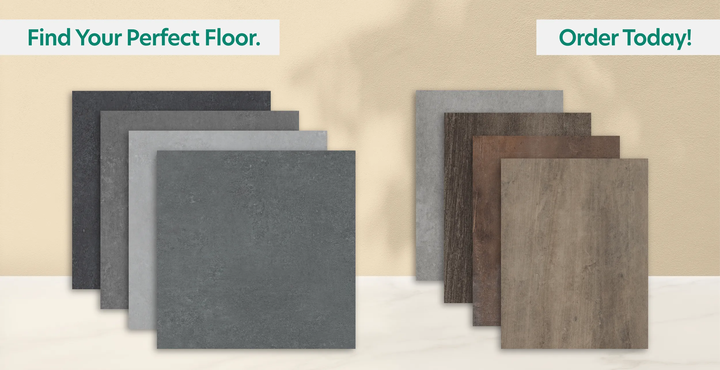 Flooring samples with "Find Your Perfect Floor" and "Order Today".