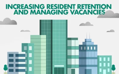Blue and green buildings with clouds and headline of "Increasing Resident Retention and Managing Vacancies"