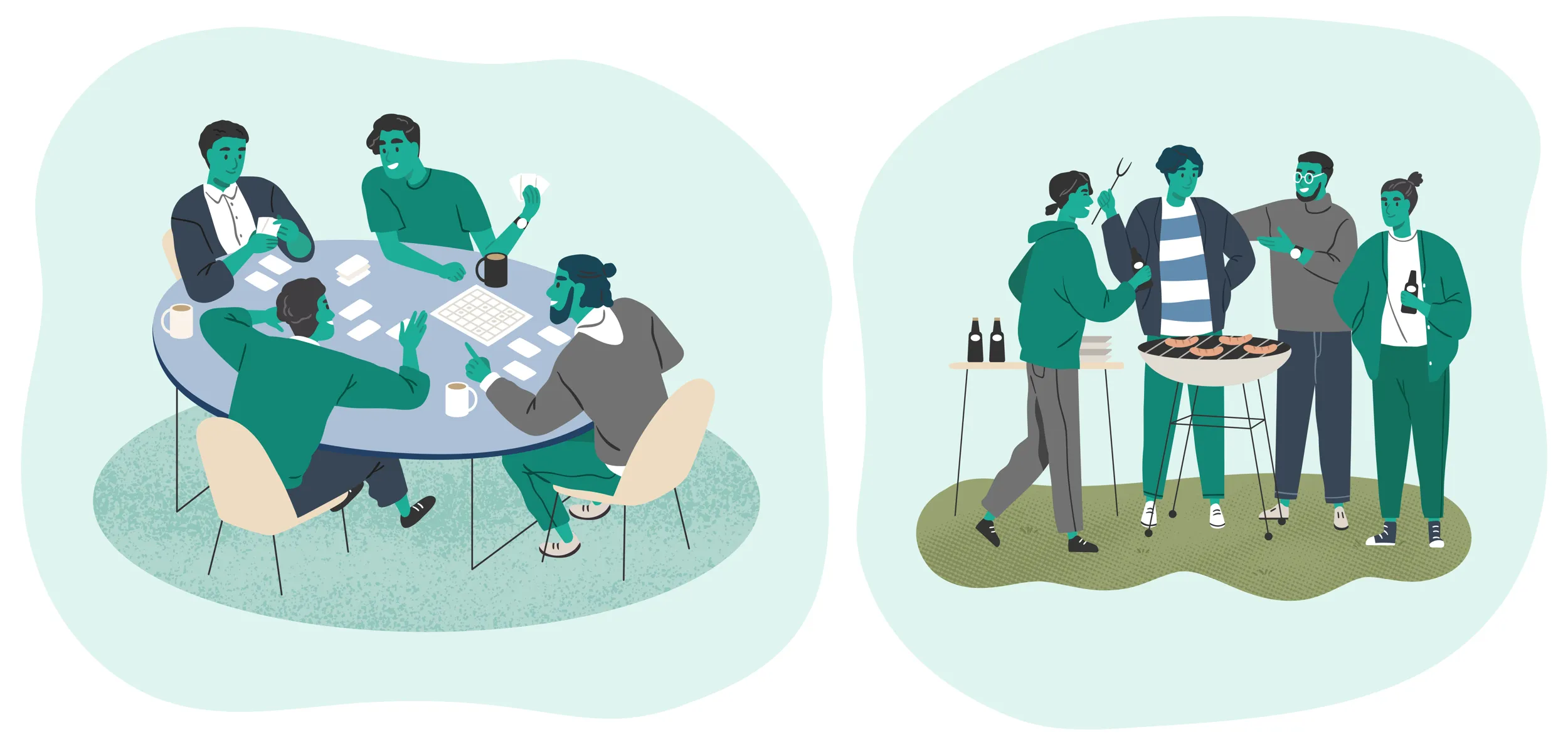 Left: a cartoon of 4 friends playing a game at a table. Right: Cartoon of 4 different friends at a BBQ.
