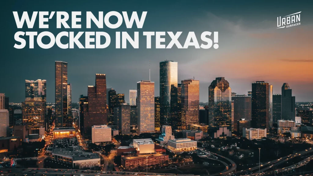 Houston sunset skyline image with "We're now stocked in Texas!" headline. Urban logo top-right.
