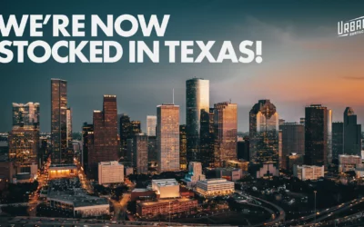 Houston sunset skyline image with "We're now stocked in Texas!" headline. Urban logo top-right.