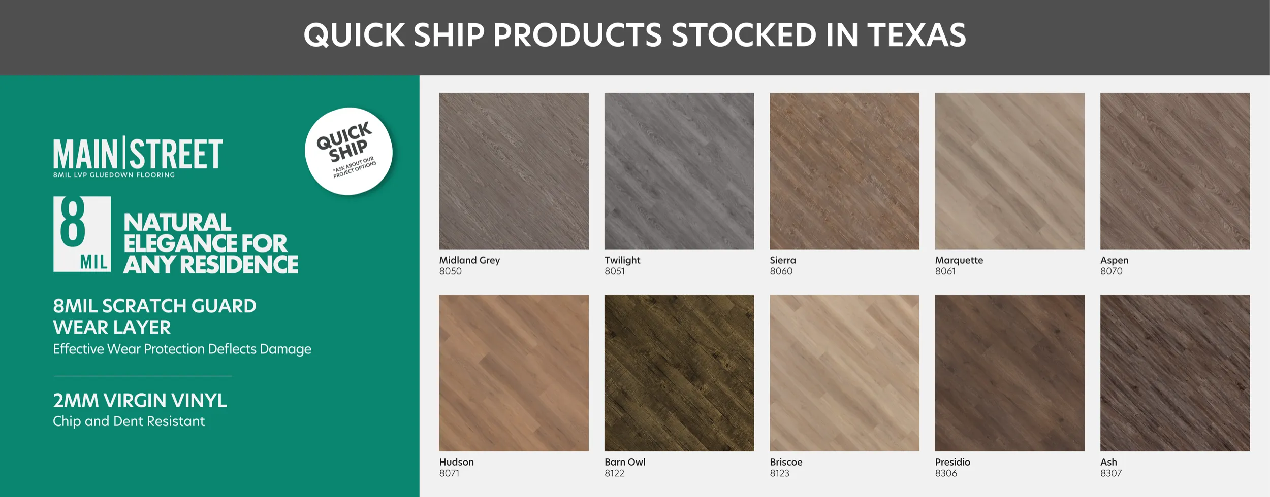 Grid of flooring designs with "quick ship products stocked in Texas" headline. Main Street flooring line info on the left.