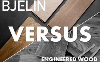 Bjelin ‘Versus’ engineered wood banner with overlapping wood flooring planks, split diagonally between color and grayscale.