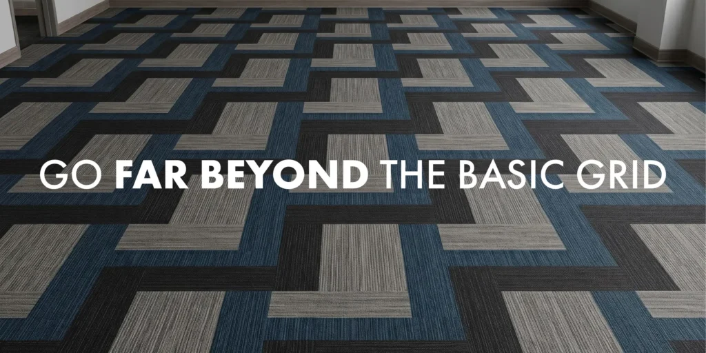 A creative blue, gray, and black Axon flooring pattern with "Go Far Beyond the Basic Grid" headline.